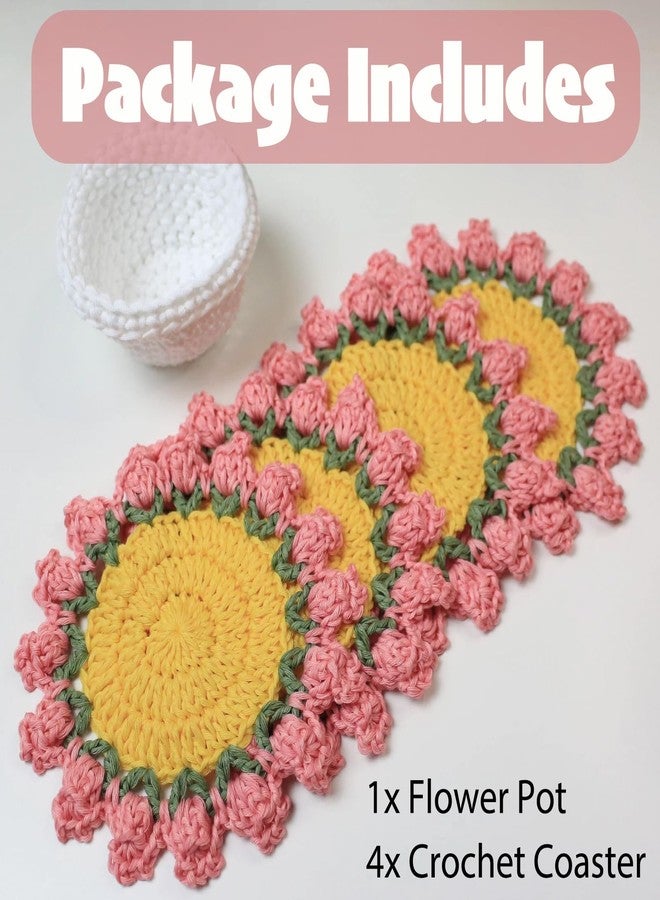 Agromusk Cute Coasters Set of 4,Funny Pink Flower Coasters,Crochet Plant Pot Coaster Set for Drinks with Flowerpot Holder,Fun Soft Decorative Coasters Housewarming for New Home Bar Desk - Image 4